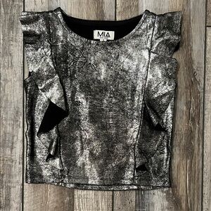 MIA Girls Flutter Sleeve Metallic Silver and Black Top